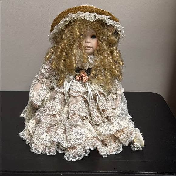 Vintage Porcelain Doll with Lace Dress and Hat